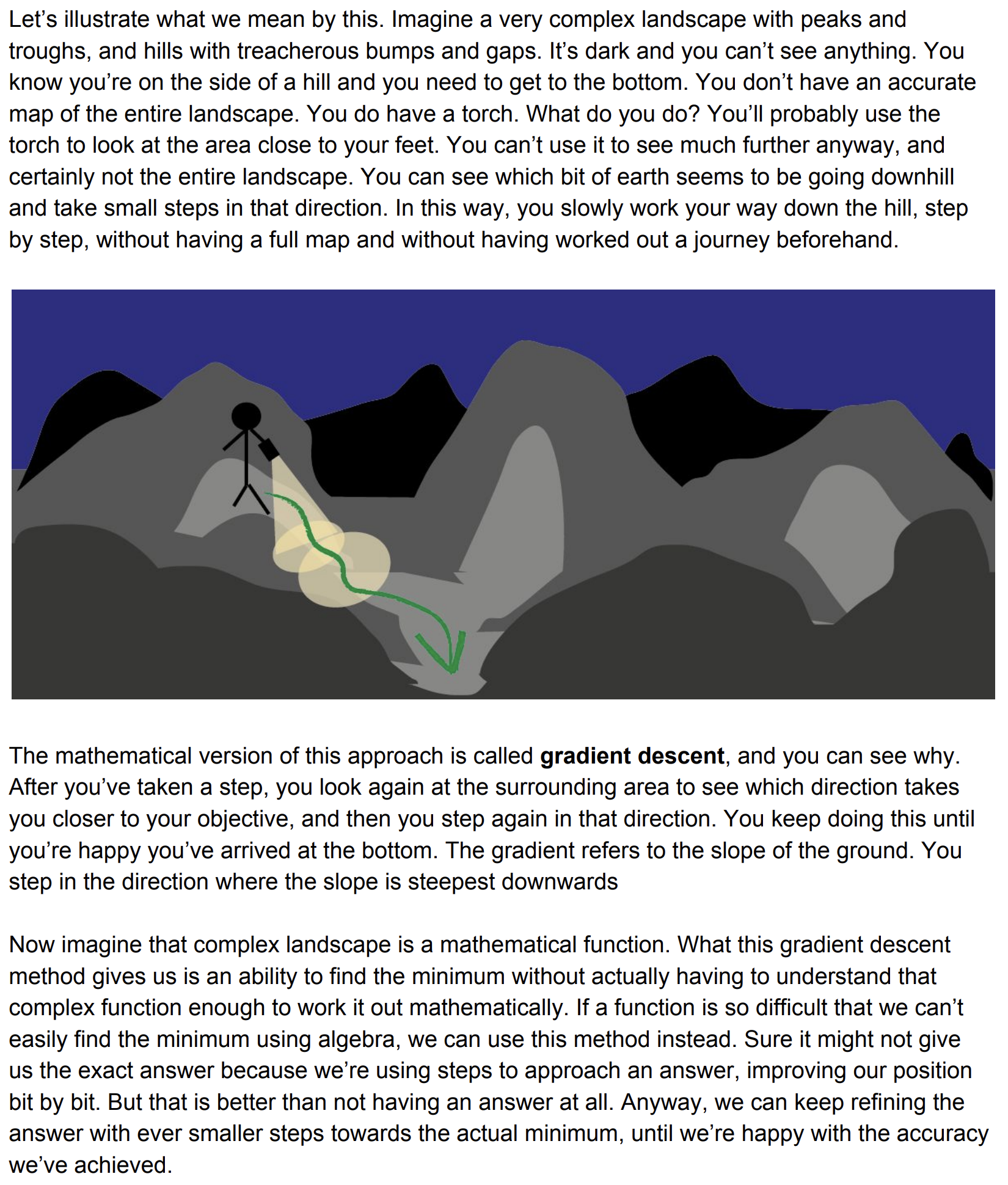 Illustration of gradient descent: a figure with a torch on a dark landscape, taking small steps downhill.